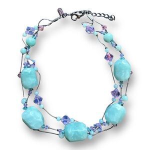 DEBBIE REID Blue Quartz, Swarovski Crystals 3 Strand Necklace 17.5”